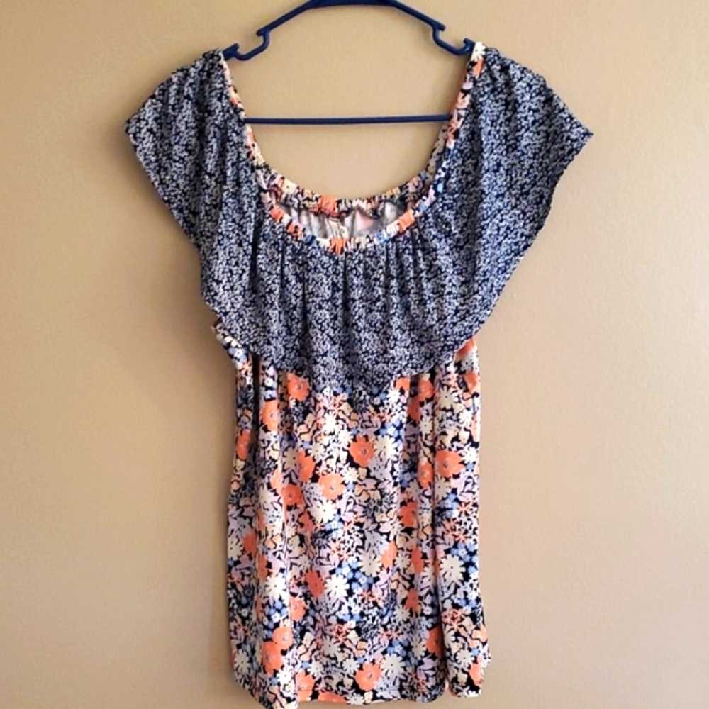 PerSeption Concept Navy and Coral Floral Top